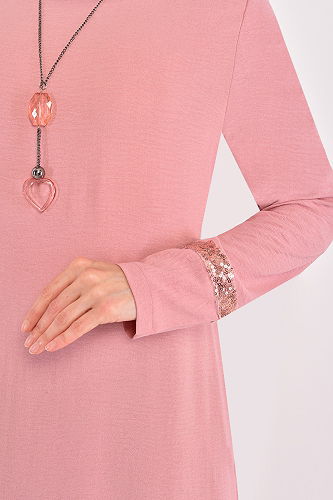 moda selvim Pullu Kolyeli Elbise ASM2579-M Koyu Pudra - Thumbnail