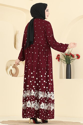 moda selvim Püskül Detay Desenli Viskon Elbise 5576ZNNK1102 Bordo - Thumbnail