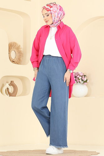 moda selvim Püskül Detaylı Kot Pantolon 1101MSA980 Açık Kot - Thumbnail