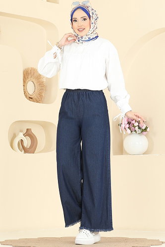 moda selvim Püskül Detaylı Kot Pantolon 1101MSA980 Koyu Kot - Thumbnail