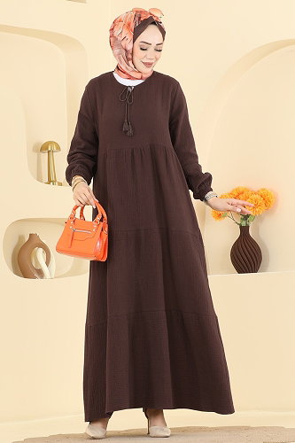 moda selvim Püskül Detaylı Müslin Elbise 5591ZNNK1102 Kahve - Thumbnail
