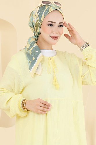 moda selvim Püskül Detaylı Müslin Elbise 5591ZNNK1102 Sarı - Thumbnail