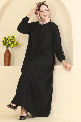 moda selvim Püskül Detaylı Müslin Elbise 5591ZNNK1102 Siyah - Thumbnail