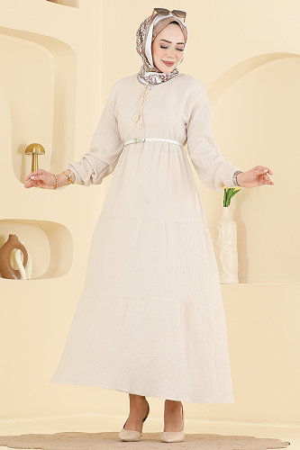 moda selvim Püskül Detaylı Müslin Elbise 5591ZNNK1102 Taş - Thumbnail