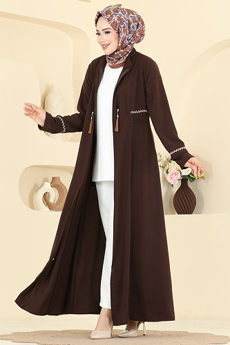 moda selvim Püskül Detaylı Zarif Ferace 2856SL432 Acı Kahve - Thumbnail