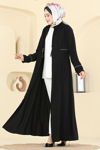 moda selvim Püskül Detaylı Zarif Ferace 2856SL432 Siyah - Thumbnail