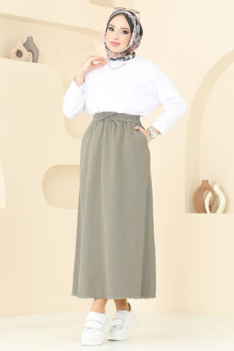 moda selvim Püsküllü Kot Etek 110PGS1067 Çağla - Thumbnail