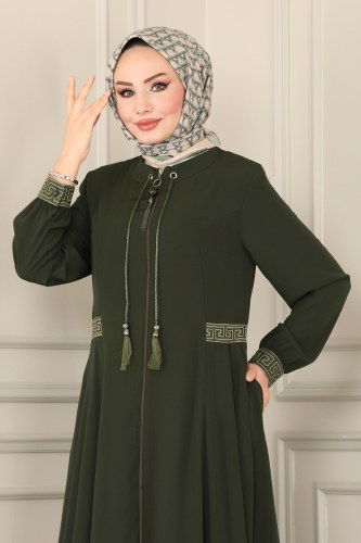 moda selvim Püsküllü Medine İpeği Ferace 3028PD194 Haki - Thumbnail