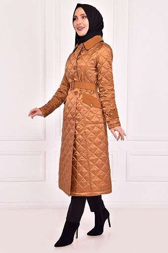 moda selvim Quilted Coat ASM2413-M Tan - Thumbnail
