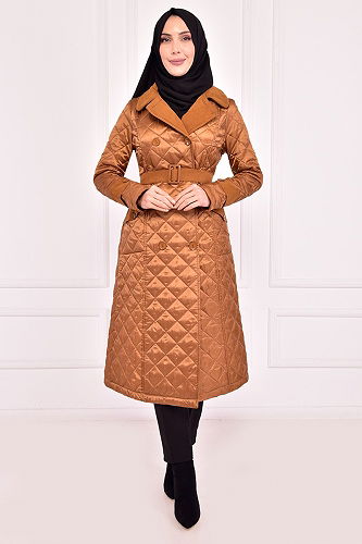 moda selvim Quilted Coat ASM2413-M Tan - Thumbnail