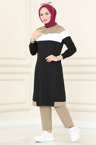 moda selvim Renk Şeritli İkili Takım 2484SL432 Vizyon&Siyah - Thumbnail