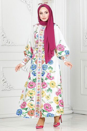 moda selvim Renkli Çiçekli Atlas Elbise 23105JNF844 Ekru - Thumbnail