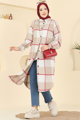 moda selvim Renkli Desenli Ekose Tunik 3070KTR750 Bej - Thumbnail