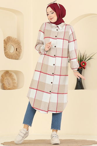 moda selvim Renkli Desenli Ekose Tunik 3070KTR750 Bej - Thumbnail