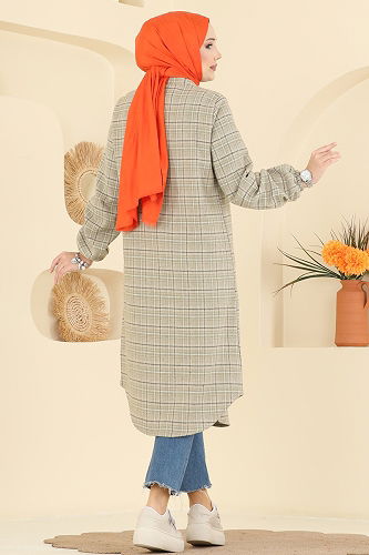 moda selvim Renkli Desenli Ekose Tunik 3070KTR750 Haki - Thumbnail