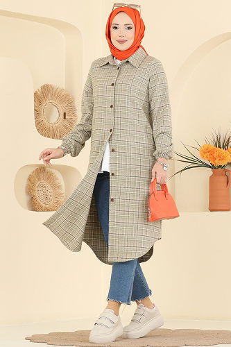 moda selvim Renkli Desenli Ekose Tunik 3070KTR750 Haki - Thumbnail