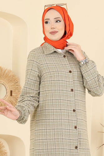 moda selvim Renkli Desenli Ekose Tunik 3070KTR750 Haki - Thumbnail