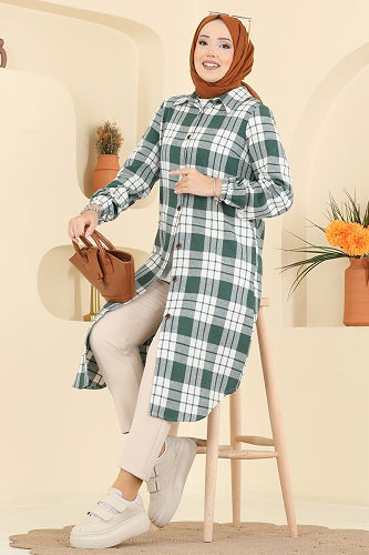 moda selvim Renkli Desenli Ekose Tunik 3070KTR750 Koyu Yeşil - Thumbnail