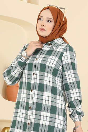 moda selvim Renkli Desenli Ekose Tunik 3070KTR750 Koyu Yeşil - Thumbnail