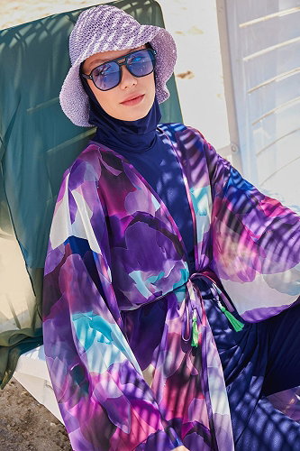 moda selvim Renkli Desenli Pareo 2338MRNK1139 Mor - Thumbnail