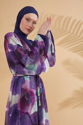 moda selvim Renkli Desenli Pareo 2338MRNK1139 Mor - Thumbnail