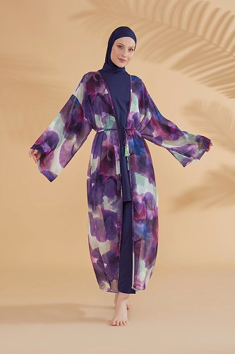 moda selvim Renkli Desenli Pareo 2338MRNK1139 Mor - Thumbnail