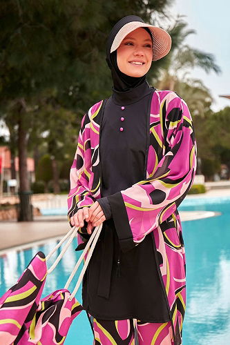 moda selvim Renkli Desenli Pareo 2413MRNK1139 Fuşya - Thumbnail