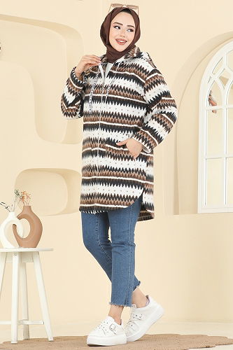 moda selvim Renkli Desenli Polar Kap 2062ERK1158 Desen3 Kahve - Thumbnail