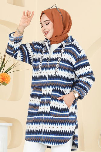 moda selvim Renkli Desenli Polar Kap 2062ERK1158 Desen3 Saks - Thumbnail