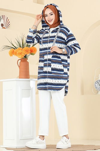 moda selvim Renkli Desenli Polar Kap 2062ERK1158 Desen3 Saks - Thumbnail