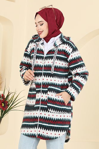 moda selvim Renkli Desenli Polar Kap 2062ERK1158 Desen3 Zümrüt&Kırmızı - Thumbnail