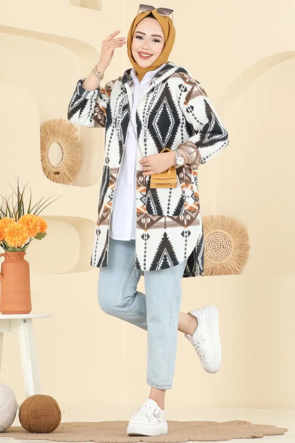 Modaselvim Kap / Kaban Renkli Desenli Polar Kap 2062ERK1158 Desen5 Kahve