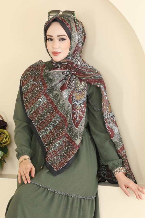 Modaselvim Şal Renkli Desenli Soft Şal Serisi 1306AFV475 Bordo&Siyah