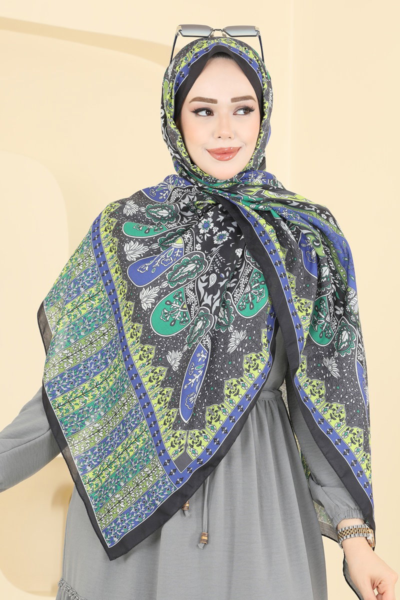 Renkli Desenli Soft Şal Serisi 1306AFV475 Yeşil&Saks - Moda Selvim