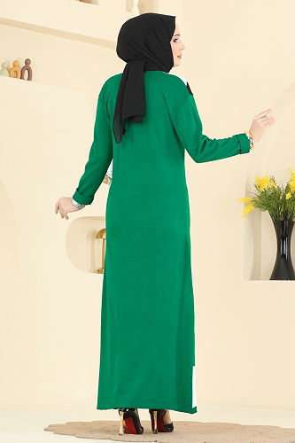 moda selvim Renkli Garnili Triko Elbise 2002MT581 Benetton Yeşili - Thumbnail