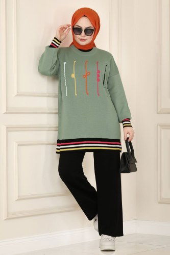 moda selvim Renkli Ribanalı Triko Takım 636MT581 Mint&Siyah - Thumbnail