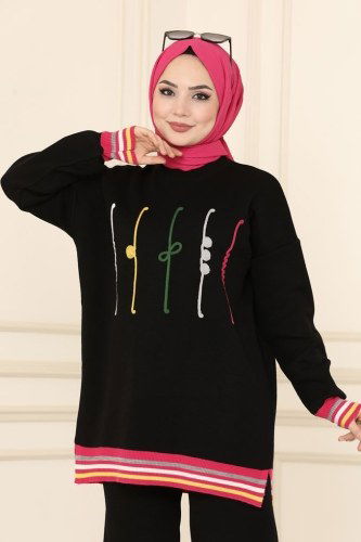 moda selvim Renkli Ribanalı Triko Takım 636MT581 Siyah - Thumbnail