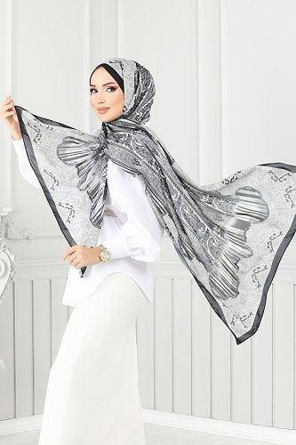 moda selvim Retro Desen Şal Serisi 139IPK758 Siyah - Thumbnail