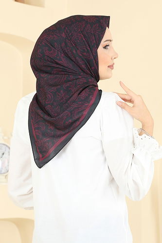 moda selvim Retro Desen Soft Eşarp Serisi 508ERB1087 Mürdüm&Siyah - Thumbnail