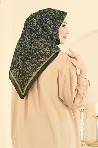 moda selvim Retro Desen Soft Eşarp Serisi 508ERB1087 Yağ Yeşili&Siyah - Thumbnail