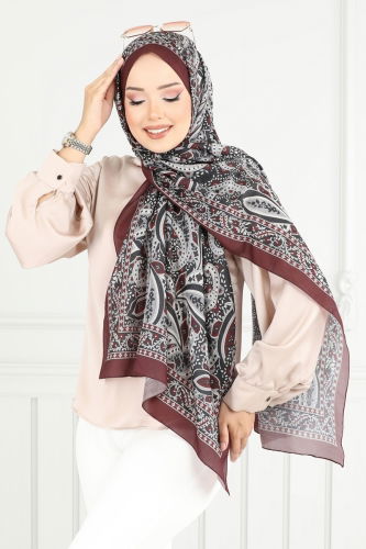 moda selvim Retro Desen Soft Şal Serisi 709ART1138 Bordo - Thumbnail
