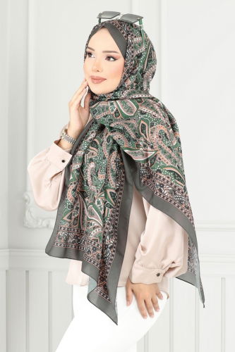 moda selvim Retro Desen Soft Şal Serisi 709ART1138 Haki - Thumbnail
