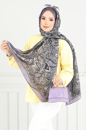 moda selvim Retro Desen Soft Şal Serisi 709ART1138 Lila - Thumbnail