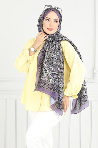 moda selvim Retro Desen Soft Şal Serisi 709ART1138 Lila - Thumbnail