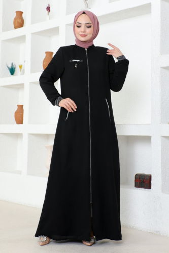 moda selvim Rib Detailed Honeycomb Abaya OZA1005 Black - Thumbnail