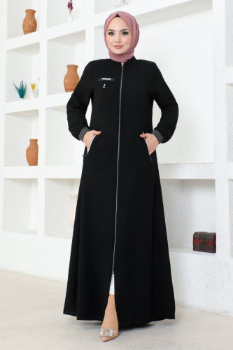 moda selvim Rib Detailed Honeycomb Abaya OZA1005 Black - Thumbnail