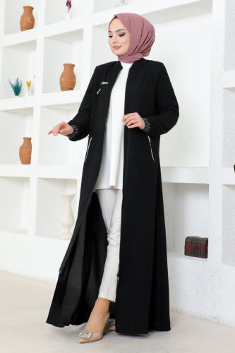 moda selvim Rib Detailed Honeycomb Abaya OZA1005 Black - Thumbnail