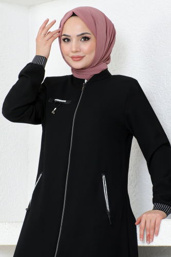 moda selvim Rib Detailed Honeycomb Abaya OZA1005 Black - Thumbnail