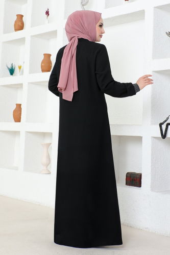 moda selvim Rib Detailed Honeycomb Abaya OZA1005 Black - Thumbnail