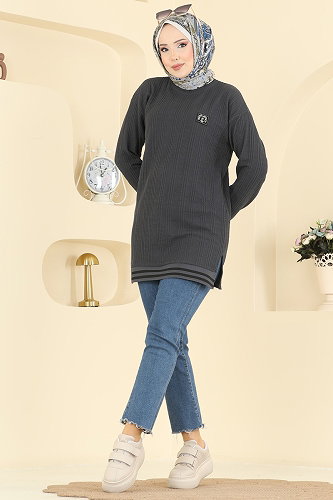 moda selvim Ribana Detay Armalı Tunik 708PM271 Antrasit - Thumbnail
